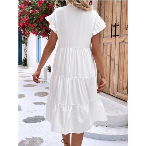 White Boho Womens Floral Embroidery Ruffle Hem Smock Dress - Picture 5 of 6